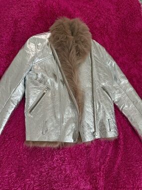 IRO Silver Moto Jacket with Taupe Faux Fur Trim